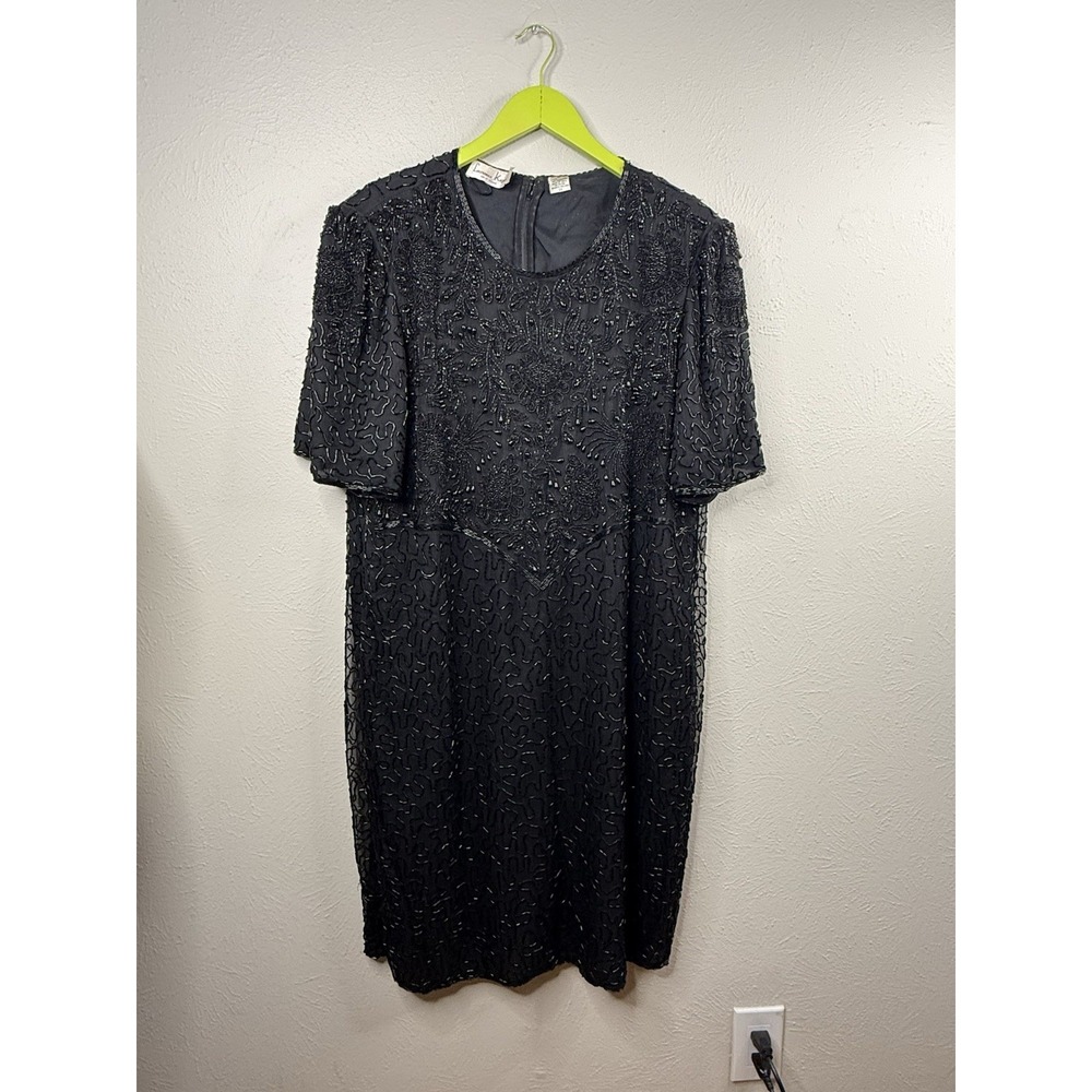 Vintage 90s Laurence Kazar Black Cocktail Dress Size 2X Black Sequin Beaded Silk